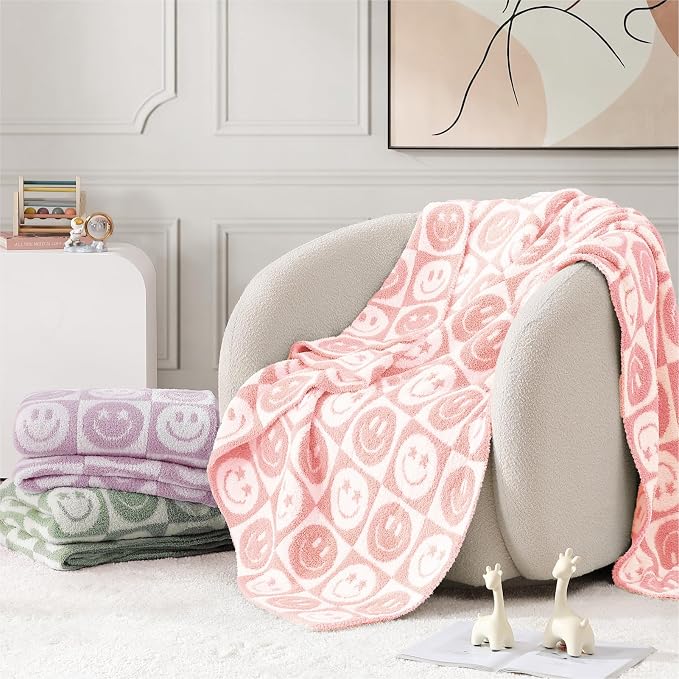 Soft Checkered Throw Blanket for Couch-Cozy Warm Knitted Blankets | Lightweight Warm Fluffy Decor for Women, Mom, Her & Girls, Sofa, Chair, Bed, 50x60in,Blossom Smiling Face
