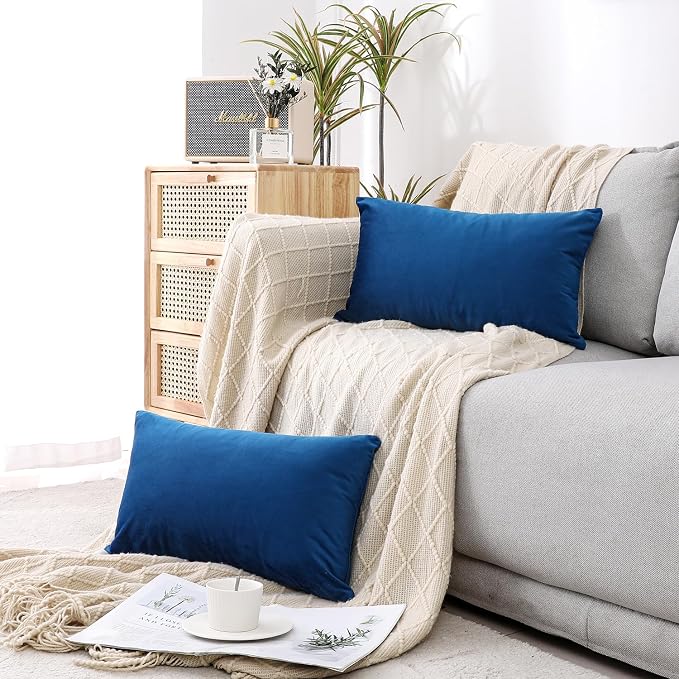 NiNi ALL Blue Velvet Throw Pillow Covers 12x20 Pack of 2 Decorative Couch | Soft Solid Boho Cushion Squar Pillow Cases for Chair Sofa Bedroom Farmhouse Living room Modern Luxury Home Decor Christmas