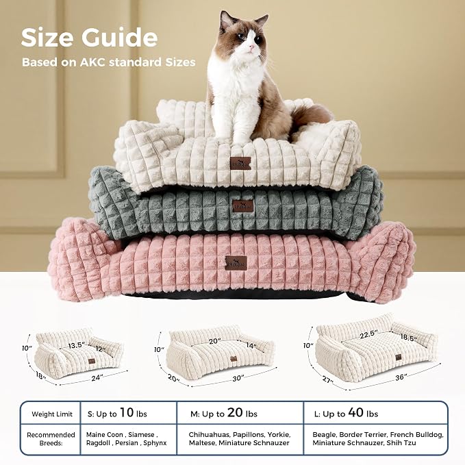 Cat Couch Bed with Fluffy Faux Rabbit Fur for Indoor Cats, 24 Inch | Cute Fuzzy Pet Sofa With Washable Cover For Puppy Kitten, Suppportive Small Pets Couch in 3D Diamond Pattern, Off White