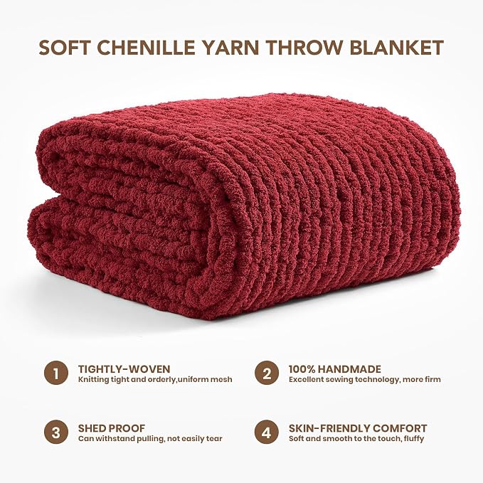 L'AGRATY Chunky Knit Throw Blanket for Couch, 60 x 80 Inches, Maroon Red | Handmade Chenille Crochet Blanket for Sofa Bed, Thick Cable Knitted Blankets for Room Home Decor, Birthday Gift for Women Mom