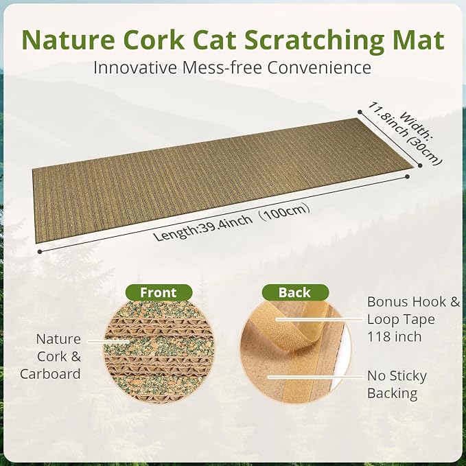 Natural Cork Cat Scratcher Mat with No Pre-Applied Adhesive, Bonus Hook-Loop Tape Included. Replacement for Cat Post, Scratcher, Ramp, Cat Whell and Pet Supplies. (Catnip Green, 39.4 x 11.8 Inch)