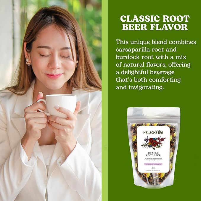 Nelson's Tea Really Root Beer - Cut & Sifted Sarsaparilla Root Tea Loose Leaf - Caffeine Free, Classic Herbal Blend with Burdock, Birch Bark, Dandelion, Licorice, Ginger and More (4 oz)