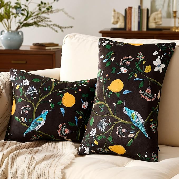 MUSSEL Brown Velvet Floral Decorative 12x20 Lumbar Pillow Covers Set of 2 | Durable and Sturdy,Botanical Printed Pattern,Throw Pillows Case,Rectangle,Colorful Farmhouse,Home Sofa Bed Couch Decor
