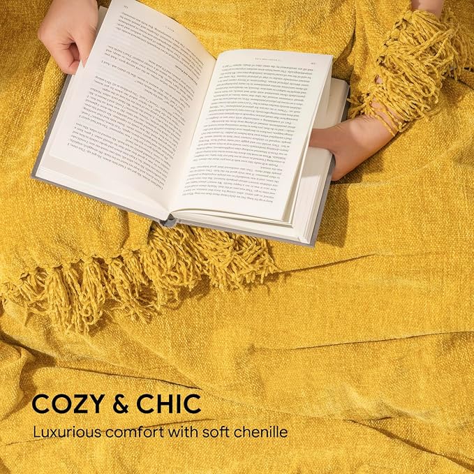 RECYCO Chenille Throw Blanket for Couch, 50"x60", Mustard Yellow | Super Soft Knit Throw Blanket with Fringe Tassels, Lightweight Knitted Throw, Cozy, Ideal for Sofa Chair Bed Living Room Gift
