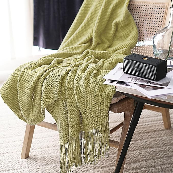 LOMAO Knitted Throw Blanket with Tassels Bubble Soft Lightweight Blanket Textured Lightweight Throws for Couch Cover Home Decor (Lemon Yellow, 50x60)