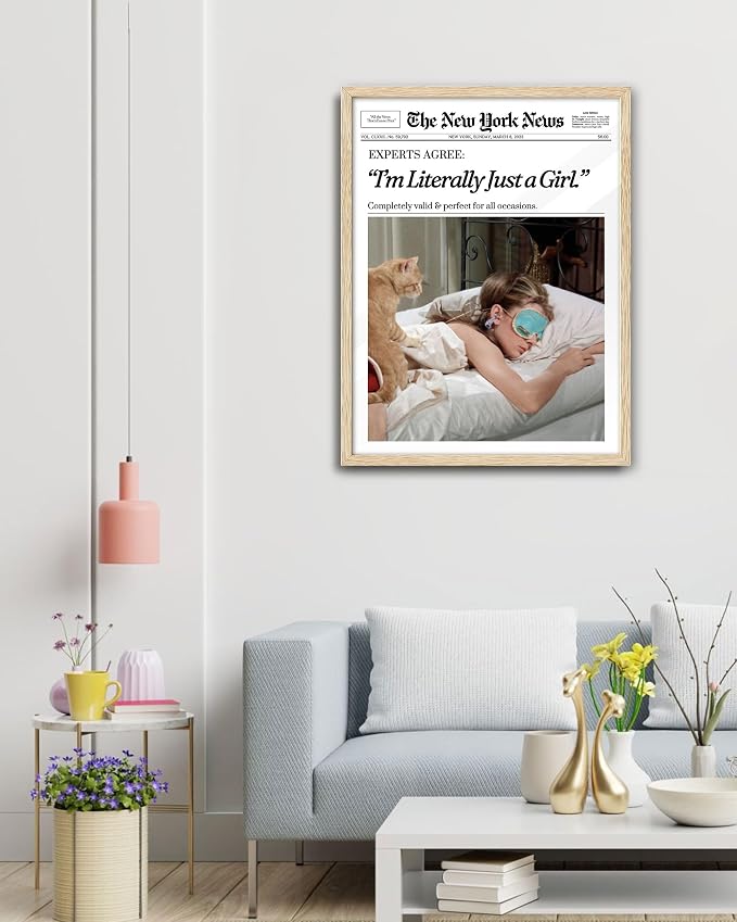 EcoHest 16x20 in Audrey Hepburn I'm Literally Just a Girl Framed Wall Art | Solid Oak Wood Frame with Canvas Wall Art, Vintage Newspaper Wall Decor for Bedroom, Bathroom, Apartment, Dorm Room, 1Pack