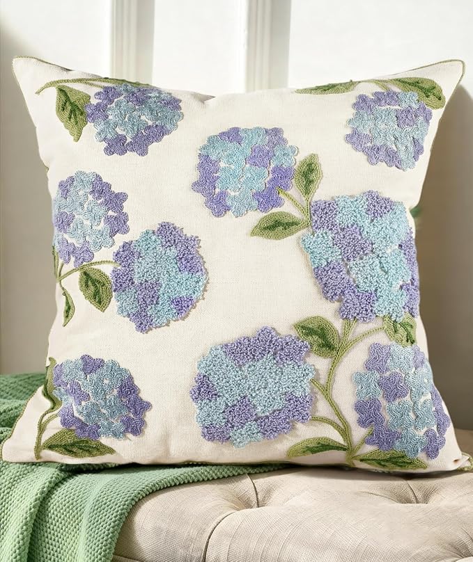 Embroidered Throw Pillow Cover - 18x18 Decorative Pillow Cover with Zipper Aesthetic Cute Design Boho Spring Summer Cozy Throw Pillowcase for Living Room Couch Sofa Bed, Blue Hydrangea