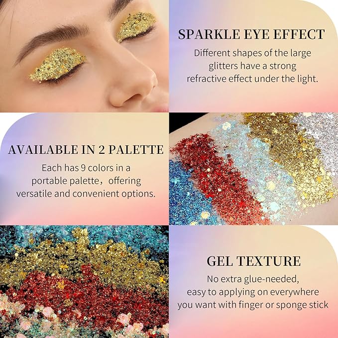 FANDAMEI Face Glitter, 2 PCS Face Glitter Gel 18 Grids, Body Hair Glitter for Kids Women for Makeup, Halloween Rave Concert Face Paint Glitter