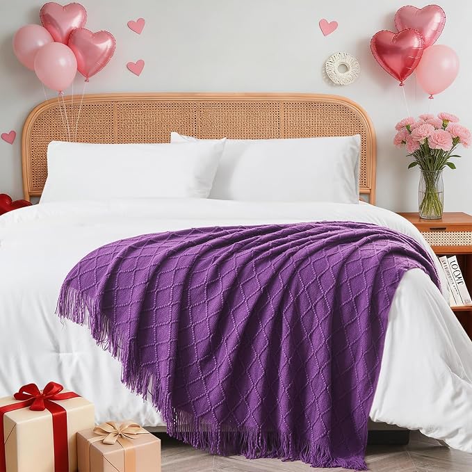 inhand Purple Knitted Throw Blanket for Couch and Bed, 60"x80" | Gifts for Mom from Daughter Son, Soft Lightweight with Tassels, Farmhouse Warm Decorative Blanket for Women, Cozy Knit