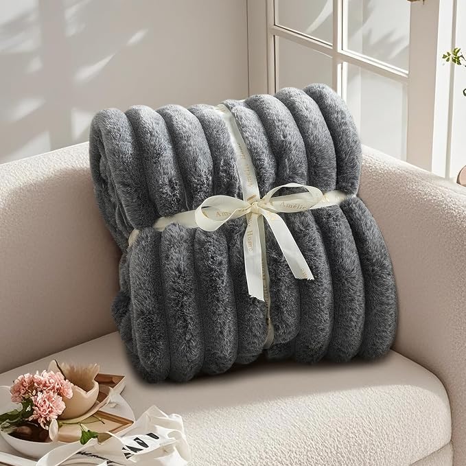 Faux Fur Throw Blanket for Couch, Ultra Cozy Fuzzy Fluffy Fur Luxurious Soft Striped Plush Gift Blankets for Family Sofa Chair Bedroom, 60"x80", Cationic Wolf Gray