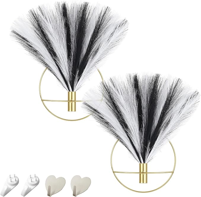Pretty Jolly Boho Pampas Wall Decor Gold Metal Wall-Mounted Art | Morden Artificial Greenery Display，2 Pack Hanging Planter For Living Room, Bedroom, Bathroom, Dining room