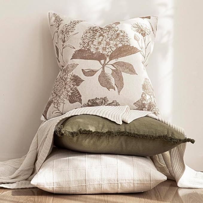 Foindtower Set of 2 Linen Floral Throw Pillow Covers Vintage Accent Print Decorative Cushion Covers Farmhouse Boho Home Decor for Sofa Chair Couch Bedroom Living Room,20×20 Inch,Light Brown