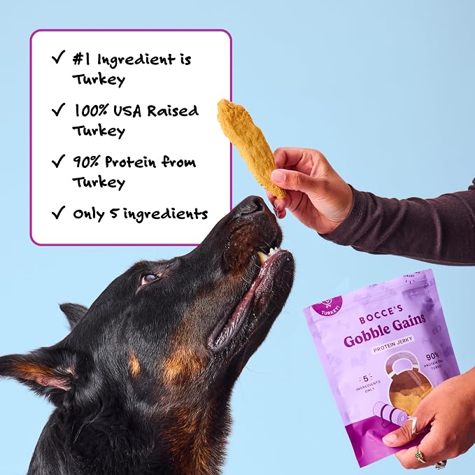 Bocce's Bakery Gobble Gains Protein Jerky Dog Treats, Turkey (5 oz) | High-Protein, Wheat-Free, Limited-Ingredient Treats with No Added Salt or Sugar - Baked in The USA
