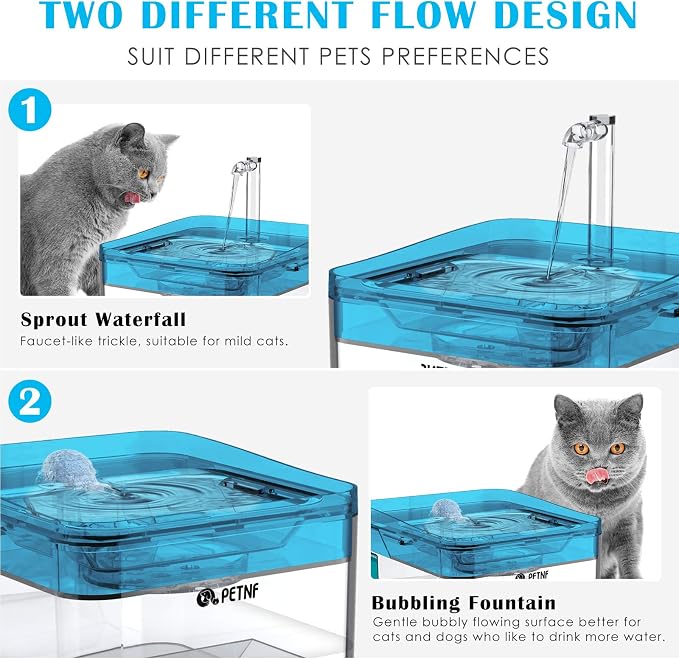 PETNF Blue Pet Water Fountain, 101oz/3L Automatic Cat and Dog Water Dispenser with LED Light, Ultra Quiet Pump, 3 Flow Settings & 2 Filters