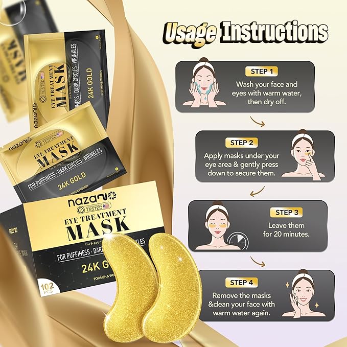 NAZANO 102 Pcs 24K Gold Under Eye Patches for Puffy Eyes, Dark Circles, Bags & Wrinkles with Sodium Hyaluronate - Eye Care Pads for Daily Skincare