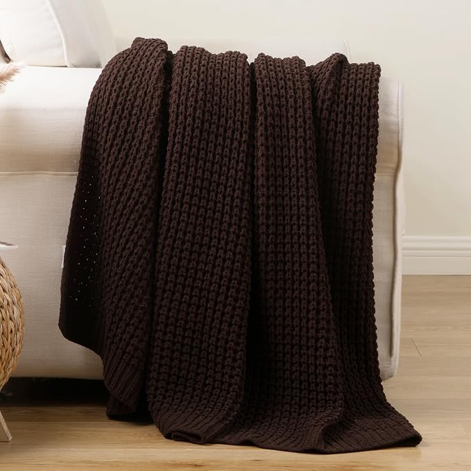 Brown Throw Blanket for Couch, Soft Chenille Knit Throw Blanket 50x60in | Chunky Waffle Knitted Blanket, Chocolate Brown Cable Knit Throw for Bed Sofa Living Room, Lightweight Warm Decorative Blanket