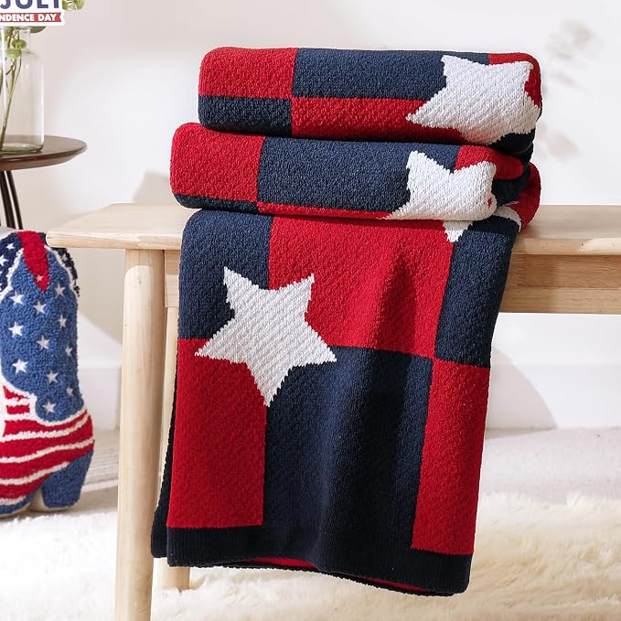Patriotic Ultra Soft Knit Chenille Throw Blanket - Red White Blue Stars American Flag Pattern Cozy Blankets for Couch, 4th of July Memorial Independence Day Gifts, 50"x60", Red&Blue