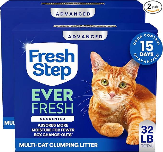 Fresh Step Advanced Ever Fresh Unscented Clumping Cat Litter, 16 lb., 2 Pk | Ultra Absorbent to Last Longer, Unscented, Lowest Dust Formula, Compatible with Most Auto Litter Boxes