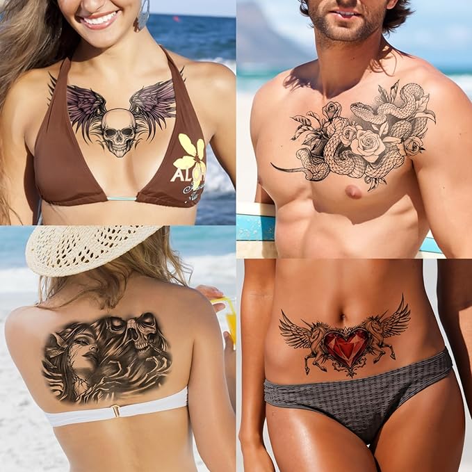 Yazhiji 13 Sheet Large Chest Underboob Temporary Tattoos for Adult, 8 Sheets Sexy Rose Flower Belly Tattoos Tramp Stamp for Women, 5 Sheets Body Scar Cover Fake Chest Tattoos Stickers for Men