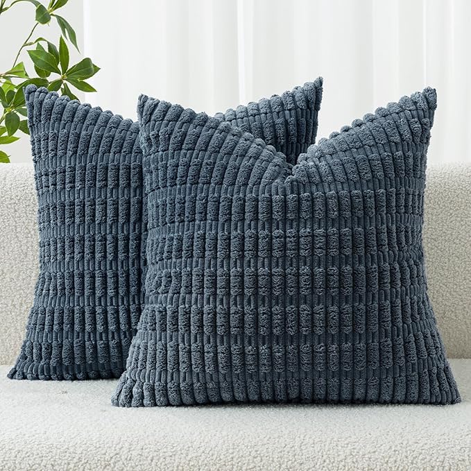 MIULEE Corduroy Decorative Throw Pillow Covers 18x18 Blue Pack of 2 | Soft Boho Striped Pillow Covers Modern Farmhouse Coastal Home Decor For Sofa Living Room Couch Bed