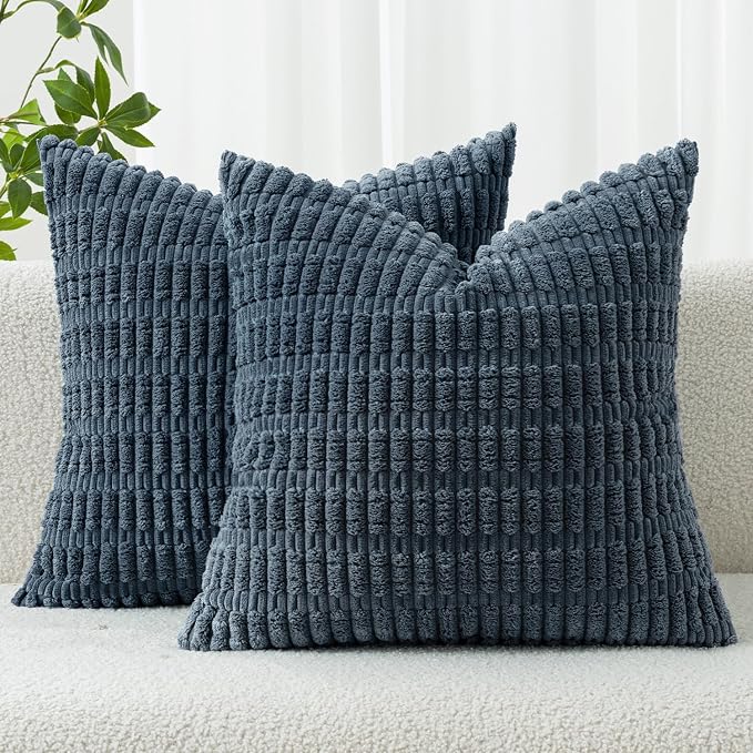 MIULEE Euro Sham Corduroy Decorative Throw Pillow Covers 24x24 Blue | Pack of 2 Soft Boho Striped Pillow Covers Modern Farmhouse Coastal Home Decor For Sofa Living Room Couch Bed