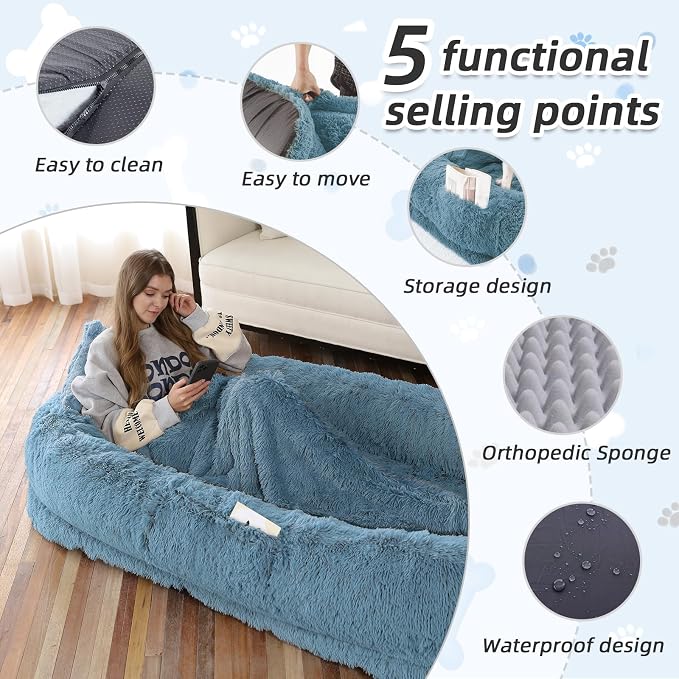 WROS Human Dog Bed, 71"x45"x12" Size Fits You and Pets, Washable Faux Fur Pet Bed for People Doze Off, Napping Orthopedic Dog Bed, Present Plump Pillow, Blanket, Strap - Navy