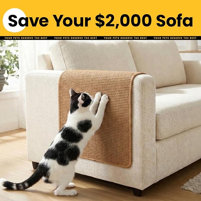 Conlun 2-Pack Cat Scratching Pads, 23.6x31.5in Sisal Wall & Couch Protector | High-density Sisal Mat, No Fraying, Mess-free, Anti-slip Backing, Adhesive Strips for Easy Mounting, Brown