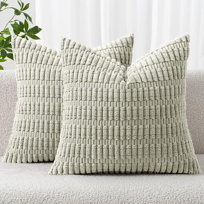 MIULEE Corduroy Decorative Throw Pillow Covers 18x18 Light Green Pack of 2 | Soft Boho Striped Pillow Covers Modern Farmhouse Home Decor For Sofa Living Room Couch Bed