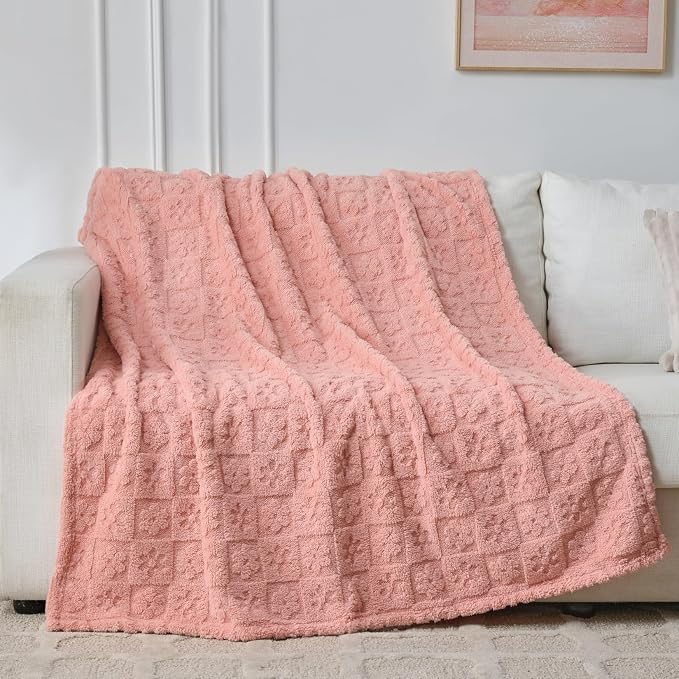Pink Floral Plush Throw Blanket 50 x 60 Inch, Soft Fuzzy Fleece, Cozy Decorative Blanket for Couch, Sofa, Bed and Bedroom