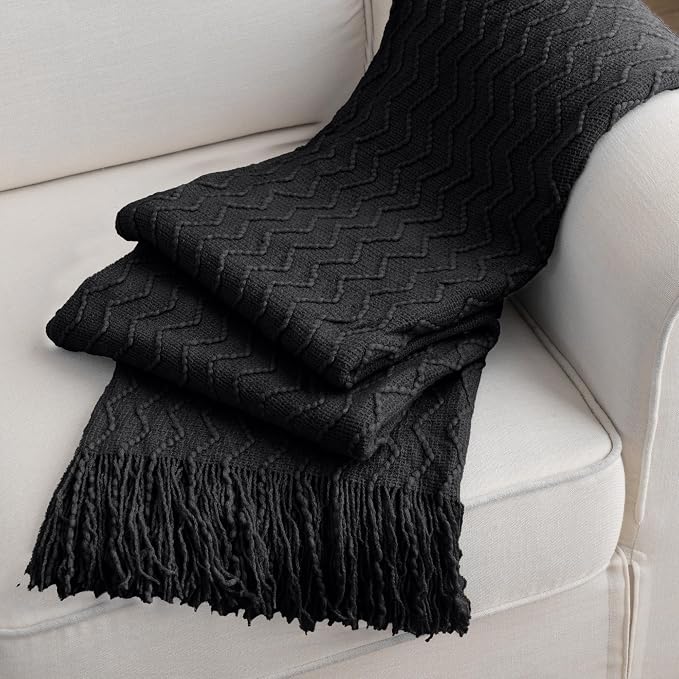 BATTILO HOME Black Throw Blanket for Couch, Boho Black Throws for Home Decor, Soft Throw Blankets for Bedroom Decor Housewarming Gifts, 50"x60"