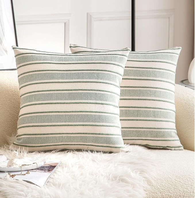 Cethom Decorative Boho Throw Pillow Covers, Farmhouse Textured Pillow Case, 20 x 20 Inch Set of 2, Chair Sofa Bedroom Living Room Home Decor Couch Cushion Case, Green and Beige Striped