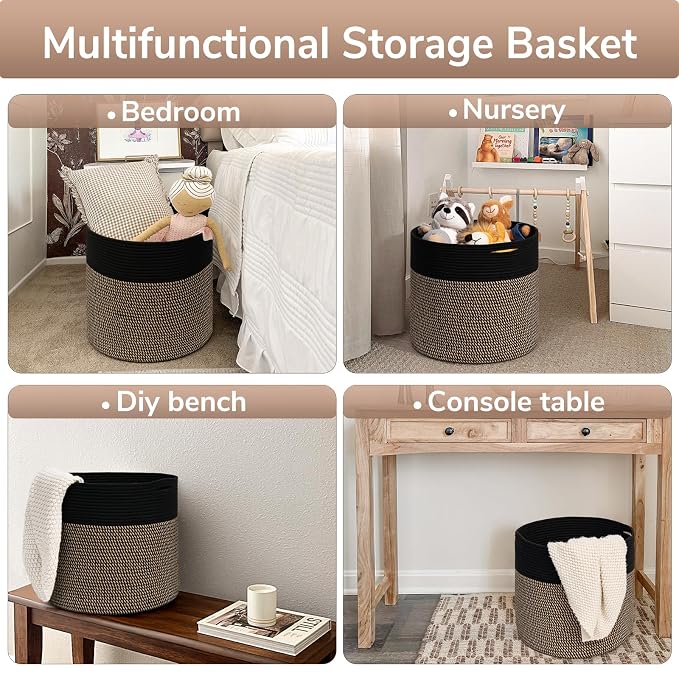 Goodpick Wicker Blanket Basket Living Room, Toy Storage for Playroom, 45L | 15.8 x 15.8 x 13.8 In Toy Storage Basket for Nursery, Blanket Basket for Living room, Laundry Basket, Black & Mix Jute