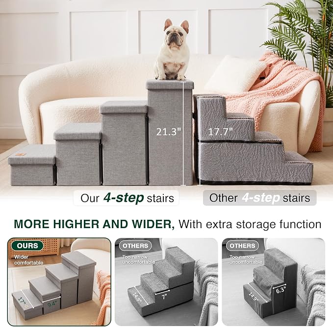 Love's cabin Dog Stairs for High Bed, Foldable Pet Stairs for Small Medium or Large Dogs Puppy with Storage for Bed or Couch, Cat Dog Steps Ramp with Zip up to 200 lbs, Solid Grey, 4 Steps