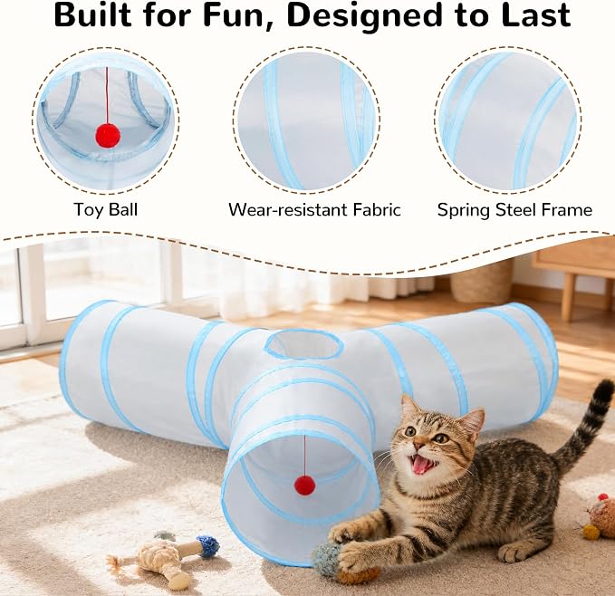 Tempcore Cat Tunnel, 3-Way Collapsible Toy, Large Size Light Grey & Blue
