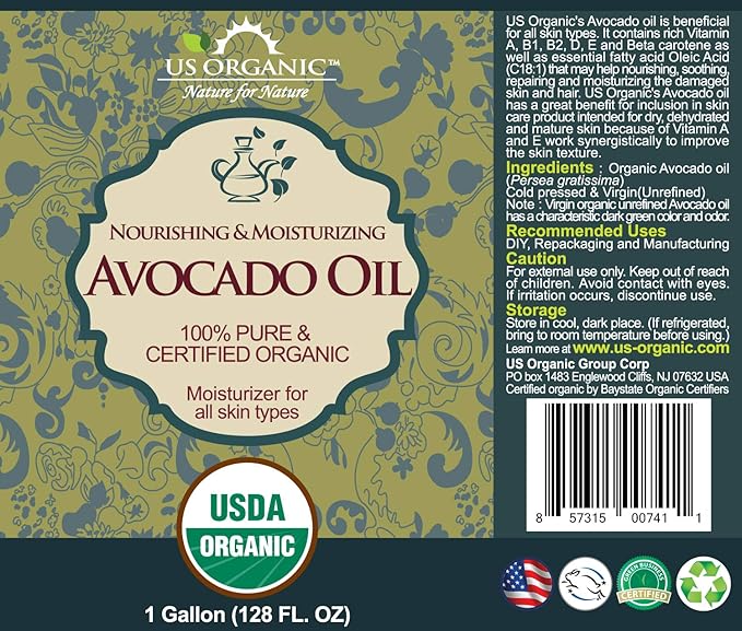 US Organic Avocado Oil Unrefined Virgin, USDA Certified Organic, 100% Pure & Natural, Cold Pressed, Size for DIY and small manufacturers (128 oz (1 Gallon))