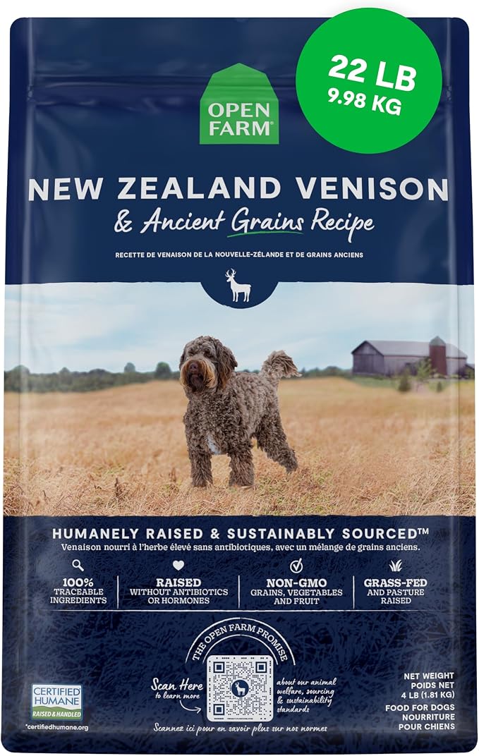 Open Farm Ancient Grains Dry Dog Food, New Zealand Venison Kibble, 22lb Bag | All Life Stages, All Breed Sizes, Protein-Rich & Nutrient Dense, 100% Traceable Ingredients, Non-GMO Fruits & Veggies.