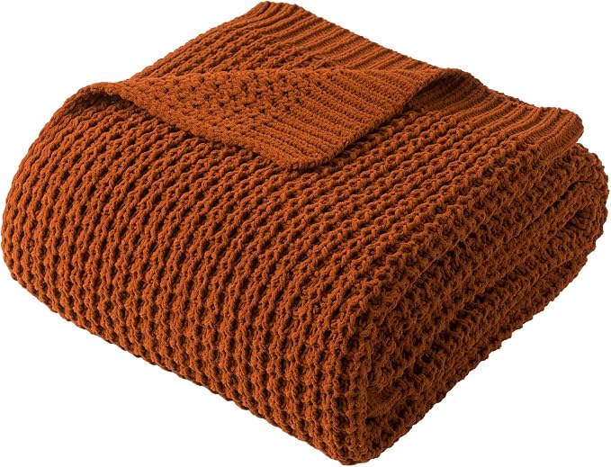 Waffle Knit Blanket Throw, Fall Caramel Throw Blanket for Couch, 60"x80" | Chunky Chenille Throw Blanket, Soft Rust Throw Blanket for Home Decor, Autumn, Sofa, Modern Farmhouse Knitted Style