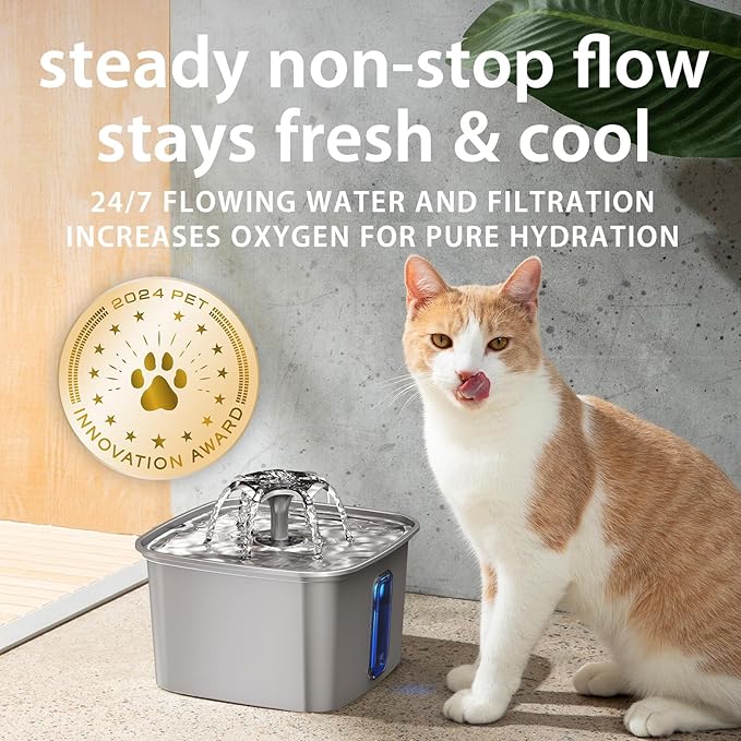 Veken Innovation Award Winner Stainless Steel Cat Water Fountain, 108oz | Automatic Pet Fountain Dog Water Dispenser with 6 Replacement Filters & Silicone Mat for Cats, Dogs, Multiple Pets (Silver)