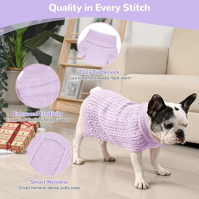 Dog Sweater 2 Pack for Medium Dogs, Size L, Pink & Purple | Stretchy cable knit turtleneck, machine washable, high belly cut, comfy winter fit for French Bulldog, Corgi