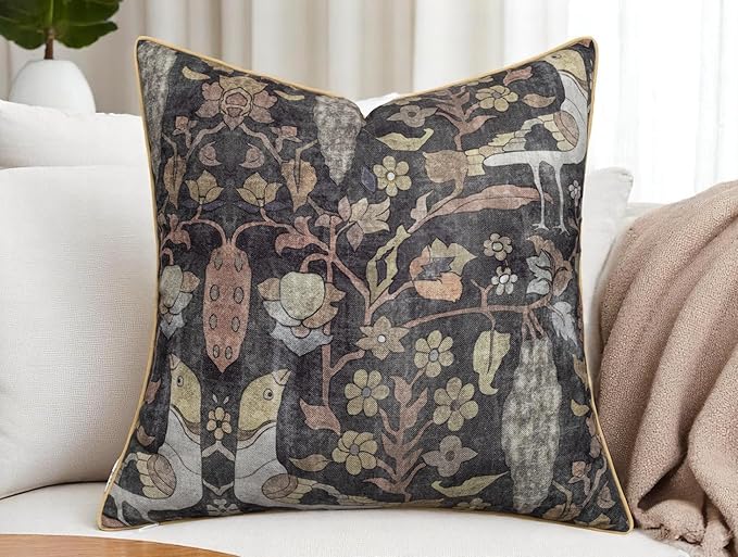 Bird Floral Print 22x22 Throw Pillow Cover, Charcoal | Folk-art birds and blooms on charcoal slub, muted gold piping; both sides printed; hidde; cover only