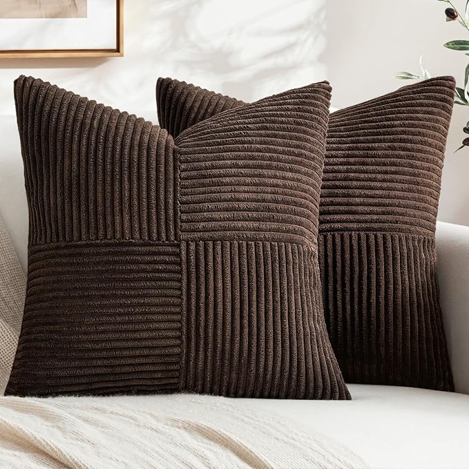 MIULEE Dark Brown Decorative Throw Pillow Covers for Couch 18x18 Inch | 2 Pack, Boho Farmhouse Pillow Covers, Soft Cross Corduroy Patchwork Textured Cushion Cases For Bed Sofa