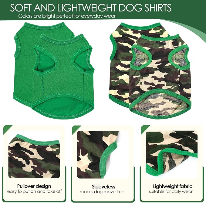 2 Pack Dog Clothes for Small Dogs Boy Girl Summer Camo Puppy Clothes Pet Tshirt Dog Shirts for Small Dogs Cats Apparel Tank Top, for Chihuahuas Yorkies Toy Poodle, Green Camouflage + Solid (XS)