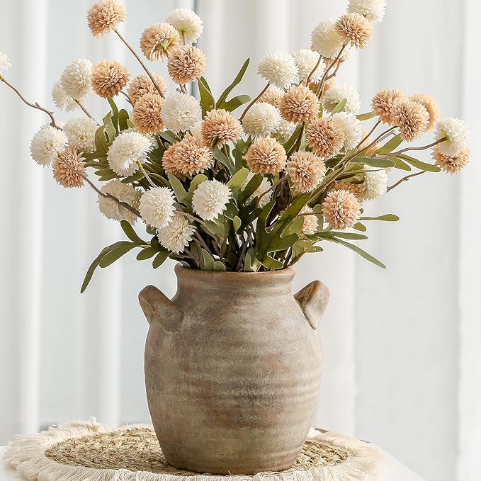 Vanselia Ceramic Flower Vase Home Decor - Farmhouse Table Vases with Handle Living Room Decoration Vintage Decorative Aesthetic for Shelf Coffee Dining Desk House Bookshelf Fireplace (7.1" Retro)