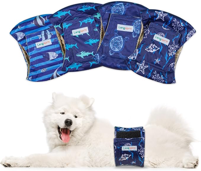 Langsprit Small Male Dog Diapers for Doggie Puppy,Reusable Belly Bands for Male Dogs Wraps,Washable Doggy Dog Diapers Medium Large in Incontinence 4 Pack (Sea Shell, Tortoise, Shark, Fish, Small)