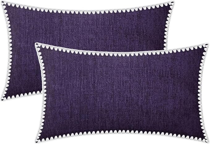 BRAWARM Chenille Throw Pillow Covers 12x20 Inches, Purple, 2 Pack | Decorative Lumbar Pillow Covers with Shell Edge, Soft Cushion Cases for Sofa Bed Living Room Home Farmhouse (No Insert)