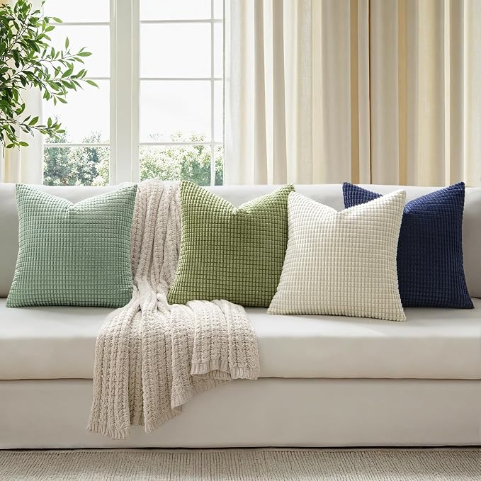 MIULEE Farmhouse Decorative Pillow Covers 18x18 Inch Set of 4 Muted Teal | Modern Natural Rustic Throw Pillows, Neutral Warm Soft Corduroy Couch Pillowcases, Home Decor for Sofa Living Room Bed
