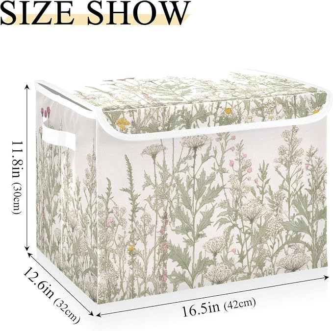 Vintage Colorful Herbs and Wild Flowers Floral Storage Bins with Lids and Carrying Handle,Foldable Storage Boxes Organizer Containers Baskets Cube with Cover for Home Bedroom Closet Office