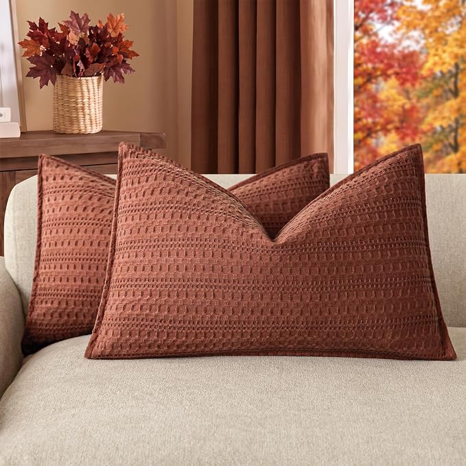 Foindtower Set of 2 Decorative Cotton Waffle Weave Lumbar Throw Pillow Covers Euro Shams Cushion Covers Accent Pillowcase for Bed Couch Sofa Bedroom Living Room Home Decor 12×20 Inch Fall Rust Orange