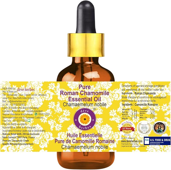 Deve Herbes Pure Roman Chamomile Essential Oil (Chamaemelum nobile) with Glass Dropper Steam Distilled 100ml (3.38 oz)
