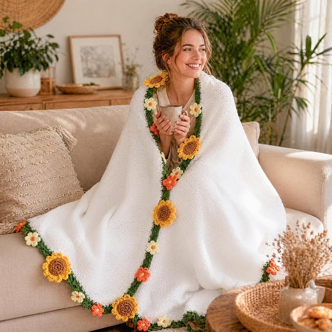 Ivydale 43inch Sunflowers Crochet Blanket Knitted Flower Bouquet Throw | Handmade Knitted Blanket, Gift for Her Girlfriend Mom Mother’s Day Valentine Wedding Anniversary Birthday